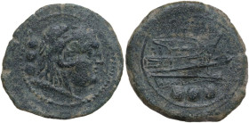 Northern Apulia, Luceria. Fourth L series. AE Quadrans, c. 206-195 BC. Obv. Head of Hercules right, wearing lion's skin headdress; behind, three pelle...