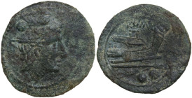 Northern Apulia, Luceria. Fourth L series. AE Sextans, c. 206-195 BC. Obv. Draped bust of Mercury right, wearing winged petasus; above, two pellets; b...