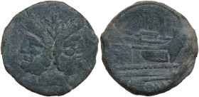 Greek Italy. Northern Apulia, Luceria. PT or TP series. AE As, c. 169-158 BC. Obv. Laureate head of Janus; above, I. Rev. Prow right; above, PT/TP lig...