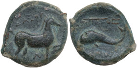 Greek Italy. Northern Apulia, Salapia. AE 22 mm. c. 275-250 BC. Obv. Horse stepping right; above, ΔAIOY; below, A (or Λ ?). Rev. Dolphin left; above, ...