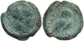 Greek Italy. Northern Apulia, Teate. AE Uncia, c. 225-200 BC. Obv. Head of Athena right, wearing crested Corinthian helmet. Rev. TIATI (on left). Owl ...