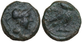 Greek Italy. Northern Apulia, Teate. AE Semuncia, c. 225-200 BC. Obv. Head of Athena right, wearing crested Corinthian helmet. Rev. TIATI (on left). O...
