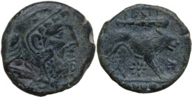 Greek Italy. Northern Apulia, Teate. AE Quadrunx, c. 225-200 BC. Obv. Head of Herakles right, wearing lion skin headdress. Rev. TIATI. Lion right; abo...