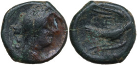 Greek Italy. Northern Apulia, Teate. AE Biunx, c. 225-200 BC. Obv. Female head right, laureate and veiled; behind, two pellets. Rev. Dove flying right...