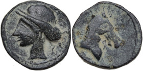 Hispania. Punic Iberia. AE Unit, c. 237-209 BC. Obv. Head of Tanit left. Rev. Head of horse right; Punic A to right. MHC 116; ACIP 585; SNG BM Spain 7...