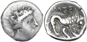 Celtic World. Southern Gaul, Insubres. AR Drachm. Imitating Massalia, c. 2nd century BC. Obv. Female head right. Rev. Lion right; pseudo-legend above....