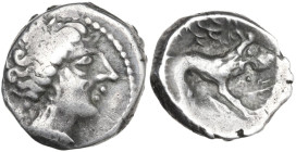 Celtic World. Southern Gaul, Insubres. AR Drachm. Imitating Massalia, 2nd century BC. Obv. Female head right. Rev. Lion right; pseudo-legend above. CC...