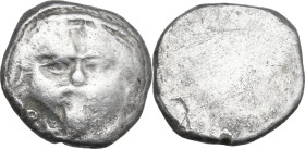 Greek Italy. Etruria, Populonia. AR 20-Asses, 3rd century BC. Obv. Head of Metus facing, hair bound with diadem; below, X - [X]. Rev. Blank. Vecchi EC...