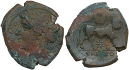Greek Italy. Samnium, Southern Latium and Northern Campania, Cales. AE 22 mm. c. 265-240 BC. Obv. CALENO. Laureate head left; behind, thunderbolt. Rev...