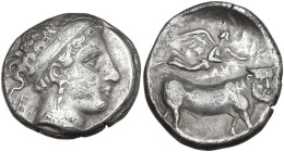 Greek Italy. Central and Southern Campania, Neapolis. AR Nomos, c. 350-325 BC. Obv. Head of nymph right, wearing broad headband; E behind neck. Rev. M...