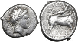 Greek Italy. Central and Southern Campania, Neapolis. AR Nomos, c. 300-275 BC. Obv. Diademed head of nymph right; behind, Artemis holding torch; below...