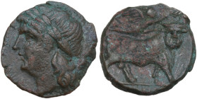 Greek Italy. Central and Southern Campania, Neapolis. AE 20.5 mm. c. 275-250 BC. Obv. NEOΠOΛITΩN. Laureate head of Apollo left. Rev. Man-faced bull st...