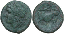 Greek Italy. Central and Southern Campania, Neapolis. AE 20 mm. c. 275-250 BC. Obv. NEOΠOΛITΩN. Laureate head of Apollo left; H behind. Rev. Man-heade...