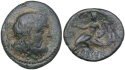 Greek Italy. Southern Apulia, Brundisium. AE Sicilius – Quarter Uncia, c. 215 BC. Obv. Wreathed head of Neptune right; behind, trident. Rev. Phalantho...