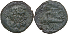 Greek Italy. Southern Apulia, Brundisium. AE Semis, 2nd Century BC. Obv. Wreathed head of Neptune right; to left, Victory, crowning him with wreath, a...