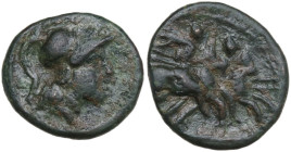 Greek Italy. Southern Apulia, Caelia. AE Semunicia, c. 210-150 BC. Obv. Helmeted head of Athena right. Rev. Dioskouroi on horseback right. HN Italy 77...