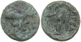 Greek Italy. Southern Apulia, Rubi. AE 12.5 mm, c. 300-225 BC. Obv. Helmeted head of Athena right. Rev. Nike standing left, holding patera and palm fr...