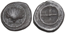 Greek Italy. Southern Apulia, Tarentum. AR Litra, c. 480-470 BC. Obv. Cockle shell. Rev. Wheel. HN Italy 835; Vlasto 1108–11. AR. 0.84 g. 10.00 mm. Ev...