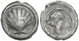 Greek Italy. Southern Apulia, Tarentum. AR Litra, c. 470-450 BC. Obv. Cockle shell within linear circle. Rev. Female head right within linear circle. ...
