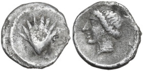 Greek Italy. Southern Apulia, Tarentum. AR Litra, c. 470-450 BC. Obv. Cockle shell within linear circle. Rev. Female head to left. HN Italy 840; Vlast...