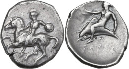 Greek Italy. Southern Apulia, Tarentum. AR Nomos, c. 380-340 BC. Obv. Nude warrior, holding shield, on horse galloping left; Π below. Rev. Phalanthos,...
