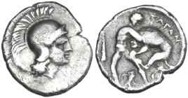 Greek Italy. Southern Apulia, Tarentum. AR Diobol, c. 380-344 BC. Obv. Head of Athena right, wearing wreathed and crested Attic helmet. Rev. Hercules ...