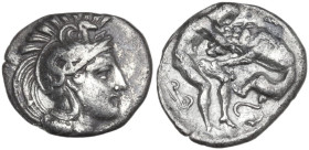 Greek Italy. Southern Apulia, Tarentum. AR Diobol, c. 380-325 BC. Obv. Head of Athena right, wearing crested Attic helmet decorated with a hippocamp. ...