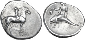 Greek Italy. Southern Apulia, Tarentum. AR Nomos, c. 302-280 BC. Obv. Youth on horseback right, crowning horse with wreath; ΣA to left, ΦIΛI/APXOΣ in ...