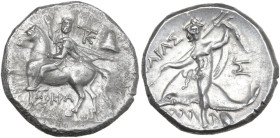 Greek Italy. Southern Apulia, Tarentum. AR Nomos, c. 240-228 BC. Xenokrates magistrate. Obv. Dioskouros, head facing, bearded with long flowing hair, ...