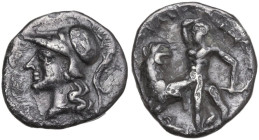 Greek Italy. Southern Apulia, Tarentum. AR Diobol, c. 280-228 BC. Obv. Head of Athena left, wearing crested Corinthian helmet. Rev. Herakles, preparin...
