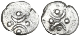 Greek Italy. Southern Apulia, Tarentum. AR Hemiobol, c. 280-228 BC. Obv. Two crescents back-to-back; four pellets around. Rev. Two crescents back-to-b...