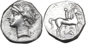 Greek Italy. Southern Apulia, 'Campano-Tarentine'. AR Didrachm, c. 281-228 BC. Obv. Diademed head of nymph left. Rev. Nude youth on horseback right, c...