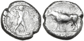 Greek Italy. Lucania, Poseidonia-Paestum. AR Diobol, c. 445-420 BC. Obv. Poseidon striding right, brandishing trident, cloak hanging from shoulders. R...