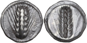 Greek Italy. Southern Lucania, Metapontum. AR Nomos, c. 510-470 BC. Obv. Barley-ear with six grains; META up right field. Rev. Incuse ear of barley wi...