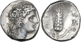 Greek Italy. Southern Lucania, Metapontum. AR Stater, c. 290-280 BC. Obv. Head of Demeter right, wreathed with grain; behind, ΔΙ. Rev. META. Barley ea...