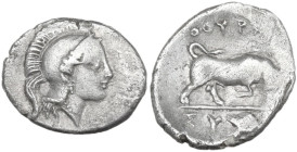 Greek Italy. Southern Lucania, Thurium. AR Triobol, c. 280-213 BC. Obv. Head of Athena right, wearing crested Attic helmet. Rev. Bull butting right; a...