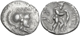 Greek Italy. Bruttium, Kroton. AR Triobol, c. 300-250 BC. Obv. ΚΡΟΤΩ. Head of Athena right, wearing crested Corinthian helmet and necklace. Rev. Herak...