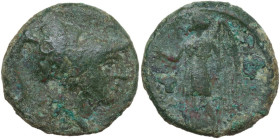 Greek Italy. Bruttium, Hipponium. AE 22 mm, early 3rd century BC. Obv. Helmeted head of Athena right, wearing crested Corinthian helmet decorated with...