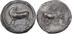 Greek Italy. Bruttium, Laus. AR Nomos, c. 480-460 BC. Obv. Man-faced bull standing left, head reverted; above NOM (retrograde). Rev. Man-faced bull st...