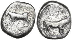 Greek Italy. Bruttium, Laus. AR Drachm, c. 453 BC. Obv. Man-faced bull standing left. Rev. Man-faced bull standing right. HN Italy 2286; SNG Cop. -; S...