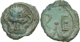 Greek Italy. Bruttium, Rhegion. AE Onkia, c. 450-425 BC. Obv. Lion mask facing. Rev. R E. Sprig of olive leaves between. HN Italy 2517; HGC 1 1698; SN...