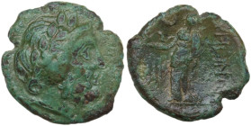 Greek Italy. Bruttium, Rhegion. AE Trichalkon, c. 211-200 BC. Obv. Laureate head of Asklepios right. Rev. Hygeia standing left feeding serpent from ph...