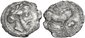 Sicily. Abakainon. AR Litra, c. 420-400 BC. Obv. Laureate and bearded male head right. Rev. ABAK (in exergue)AINI (above). Sow right; to right, acorn....
