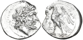 Sicily. Akragas. AR Half Shekel-Drachm, Punic occupation, c. 214-210 BC. Obv. Laureate head of Zeus right. Rev. [ΑΚΡΑΓΑΝ-ΤΙ]ΝΩΝ. Eagle standing left, ...