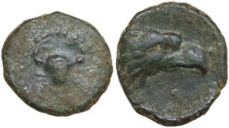 Sicily. Akragas. AE Onkia, c. 338-317 BC. Obv. Crab. Rev. Eagle head right. HGC 2 153; CNS I 87. AE. 2.18 g. 14.00 mm. Nice olive green patina. VF/Goo...