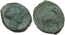 Sicily. Eryx. AE Hexas – Dionkion, c. 412-409 BC. Obv. Head of female right; HEΞAΣ to right. Rev. Hound standing right, head left. Cf. HGC 2 313 (anep...