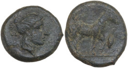 Sicily. Eryx. AE Onkia, c. 400-340 BC. Obv. Female head (Aphrodite?) right. Rev. Horse standing right; to right, grain of barley. Cf. HGC 2 325 (no gr...