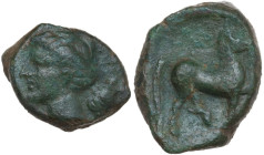 Sicily. Eryx. AE Onkia(?), c. 330-260 BC. Æ. Obv. Wreathed head of Tanit left; shell behind neck. Rev. Horse prancing right. HGC 2 328; CNS I 21; Camp...