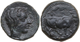 Sicily. Gela. AE Tetras-Trionkion, c. 420-405 BC. Obv. Bull advancing right, head three-quarter facing; above, olive branch; below, three pellets. Rev...