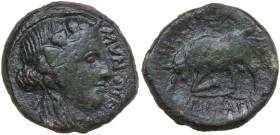 Sicily. Henna. AE Quadrans. Pseudo-autonomous issue, 1st century BC. L. Munatius and M Cestius, duoviri, 44-36 BC. Obv. Head of Dionysus right, wearin...